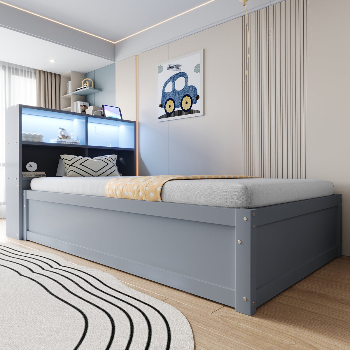 Multifunctional Hydraulic Sofa Bed 90x200 with Storage & LED, Grey