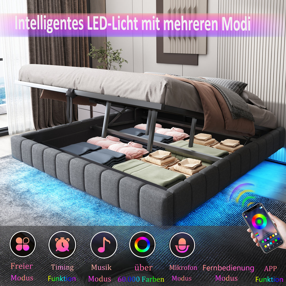 Upholstered Floating Bed 140x200 Hydraulic Storage LED, Grey Linen
