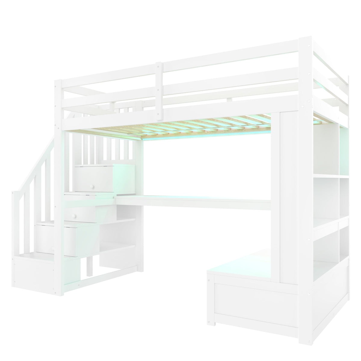 Loft Bed 90x200cm Desk Shelves Drawers Storage Stairs White