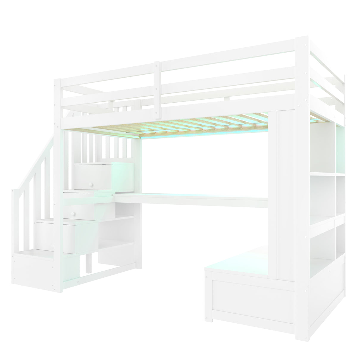 Loft Bed 90x200 with Desk, Shelves & Storage Stairs, White