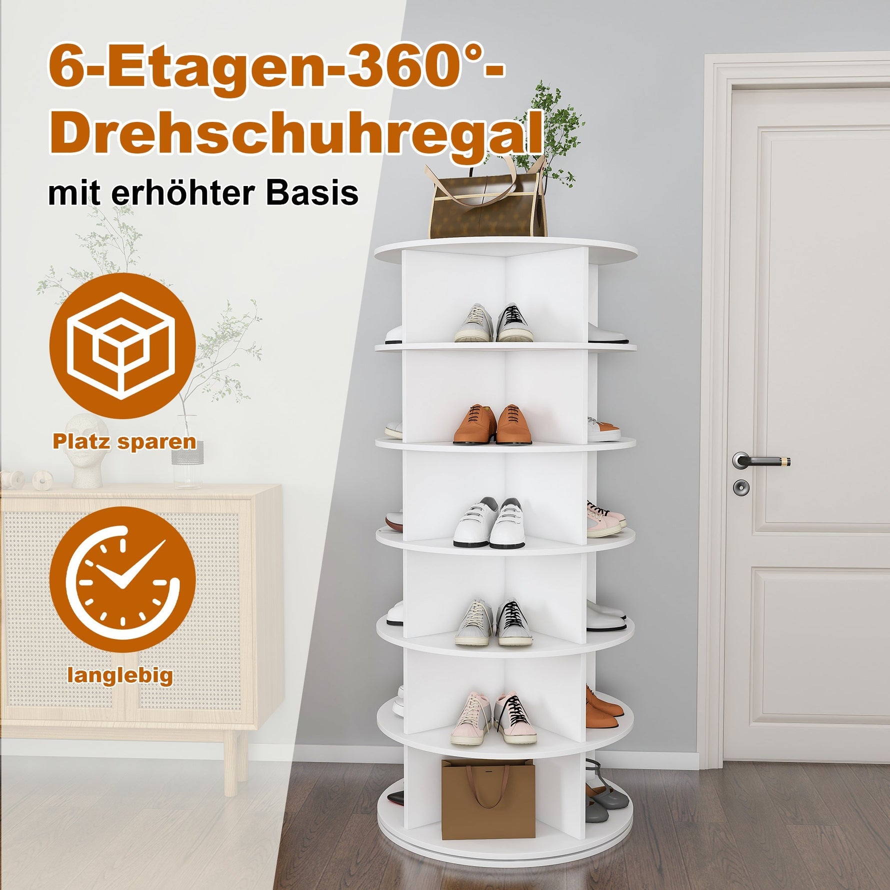 Shoe Rack Tower 6-Tier 360° Rotating for 24 Pairs - White
