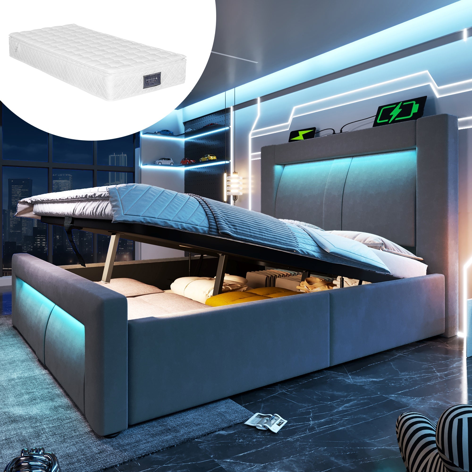 Single Hydraulic Bed 90x200 cm with LED, Storage, Charging Ports and Mattress, Grey Velvet