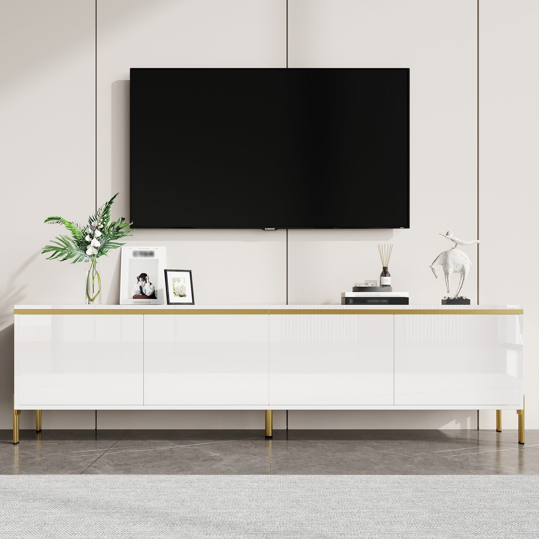 TV Stand Modern High-Gloss with 4 Cabinet Doors and Storage, Gold Edge Banding