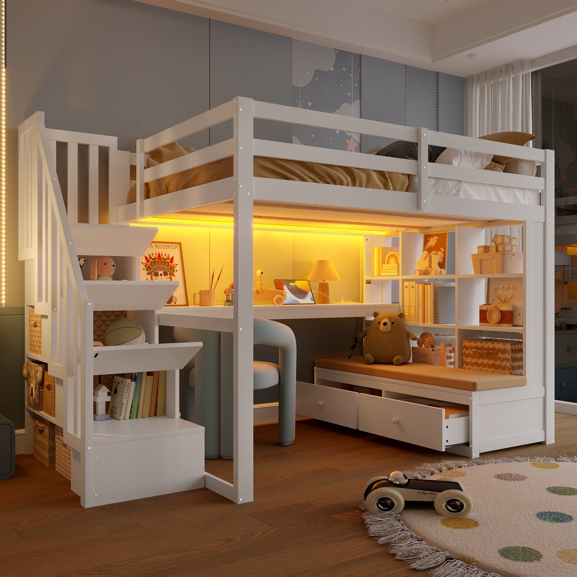 Loft Bed with Desk, Shelves, Drawers and Storage Stairs, 140x200cm, White