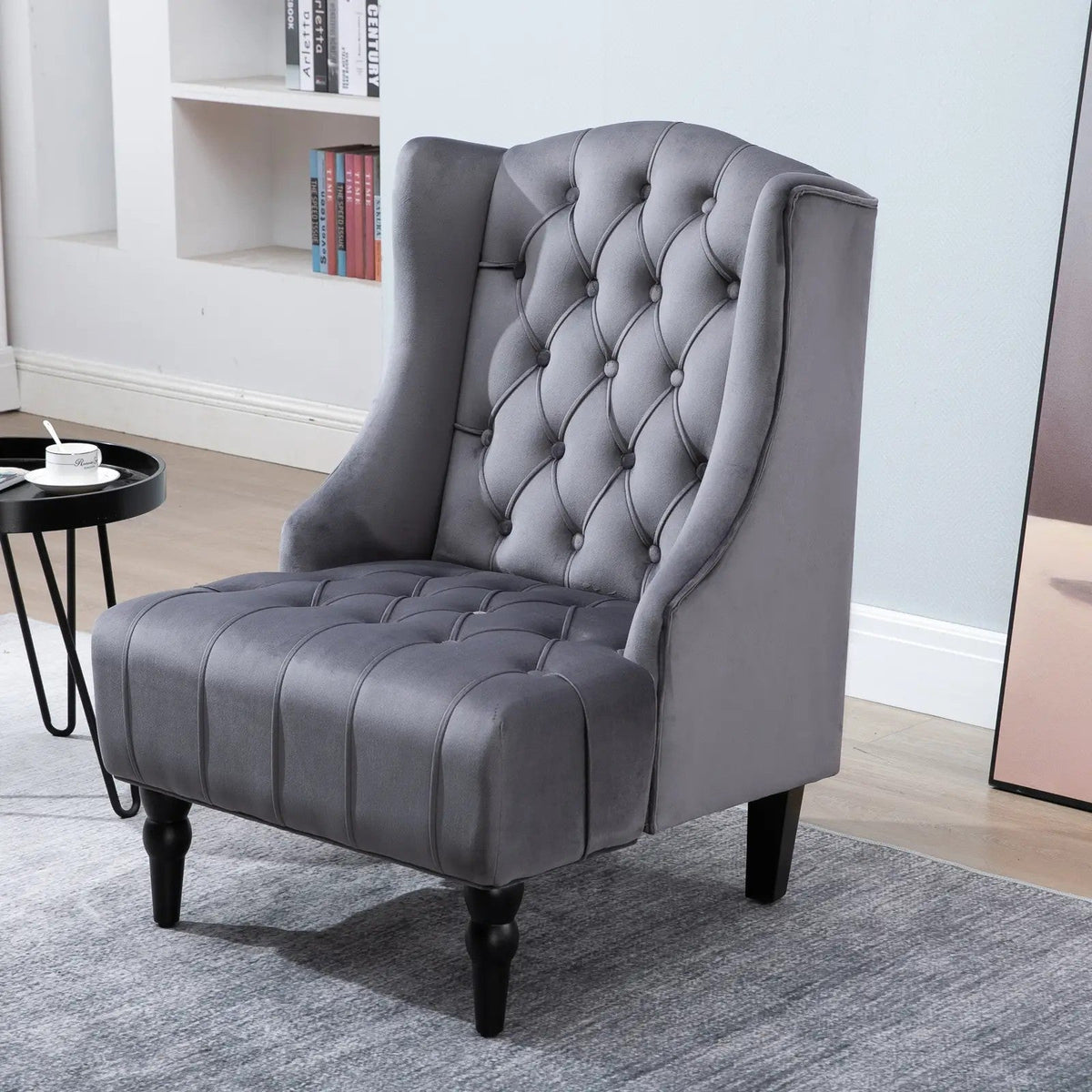 Wingback Chair Recliner, Tufting Raised Legs, Grey Velvet