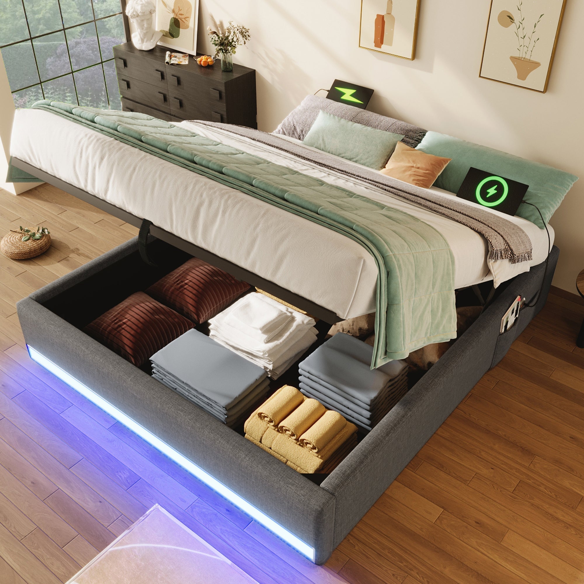 Upholstered Bed 140x200cm Hydraulic Storage LED USB/Type-C Pockets No Headboard - Grey