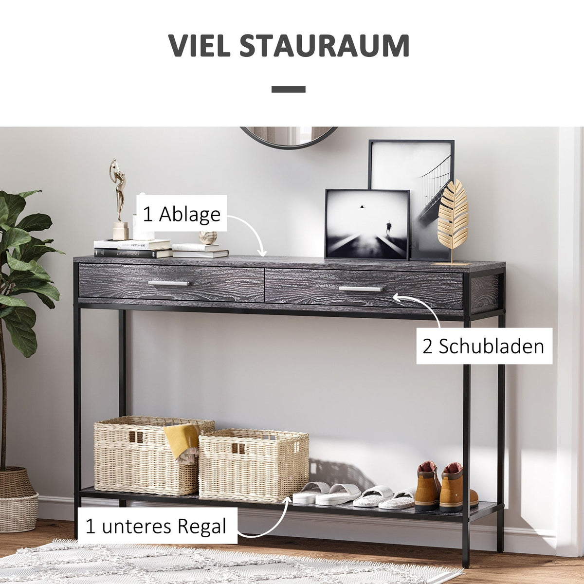 Console Table with 2 Drawers, Lower Shelf, Steel Grey