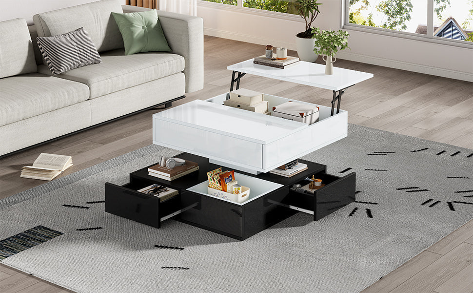 Coffee Table, 360° Rotating Top, 3 Drawers, Liftable, White & Black