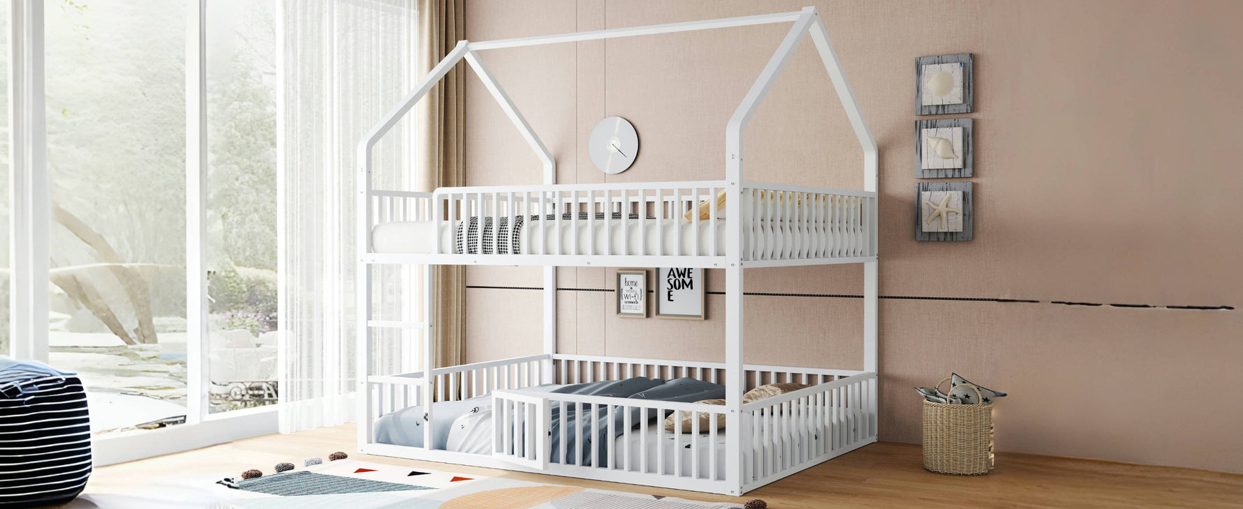 Children's Bunk Bed 140*200, Double Bed with Stairs & Loft Design, White Metal