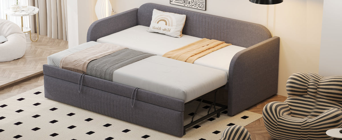 Upholstered Bed Pull-Out Sofa, Multifunctional with Slatted Frame, Grey Linen