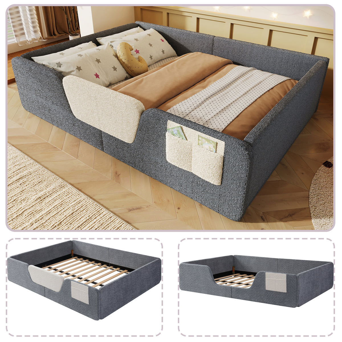 Upholstered Bed 140x190cm with Safety Rails, Grey Velvet