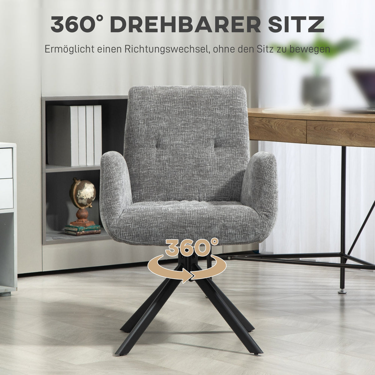 Swivel Lounge Chair, Upholstered with Button Stitching, Dark Grey Wool-Linen