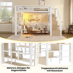 Loft Bed 140x200cm with LED & Storage, White Iron Frame
