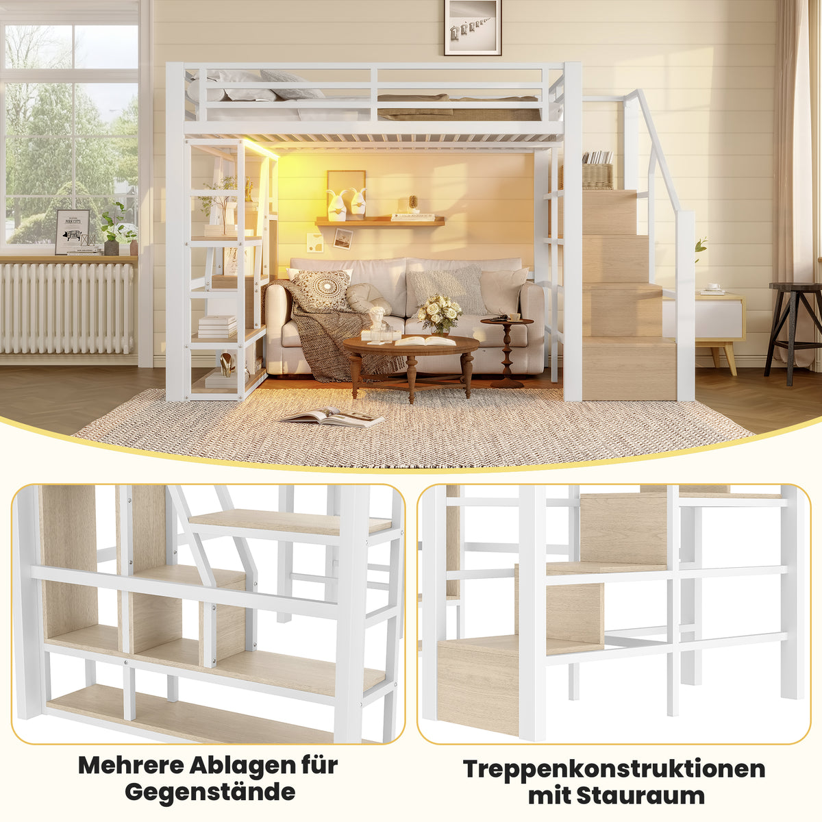 Loft Bed 140x200cm with LED & Storage, White Iron Frame
