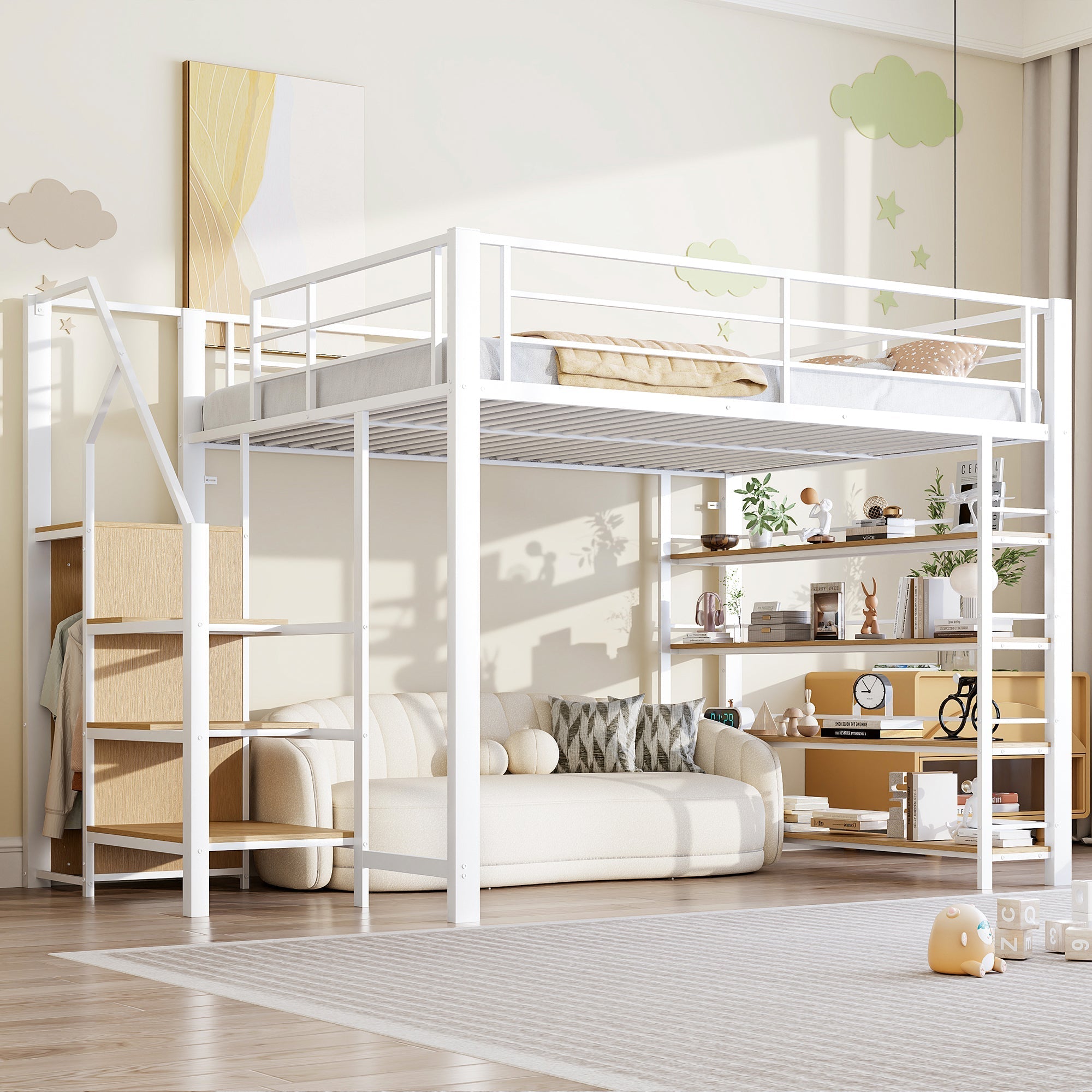 Loft Bed 140x200 with Safety Stairs Storage Wardrobe - White