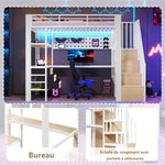 Loft Bed 90x200cm with Desk, Drawer & LED - White Metal