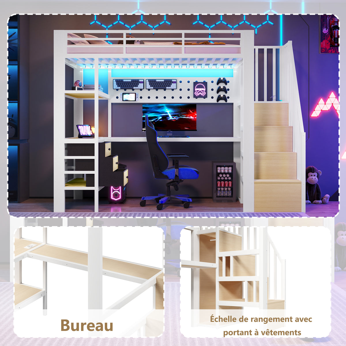 Loft Bed 90x200cm with Desk, Drawer & LED - White Metal