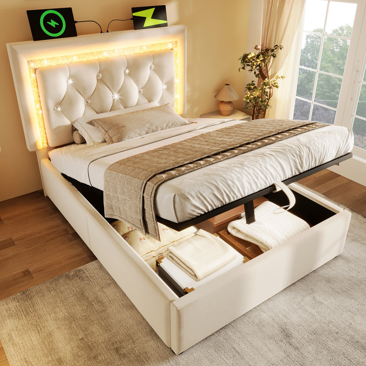 Upholstered Single Bed 90x200cm with LED & Storage, Beige Velvet