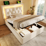 Upholstered Bed 90x200cm with LED & Storage, Beige Velvet