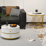 Coffee Table Set Nesting 2-Piece Round Marble Look, 2 Drawers, White