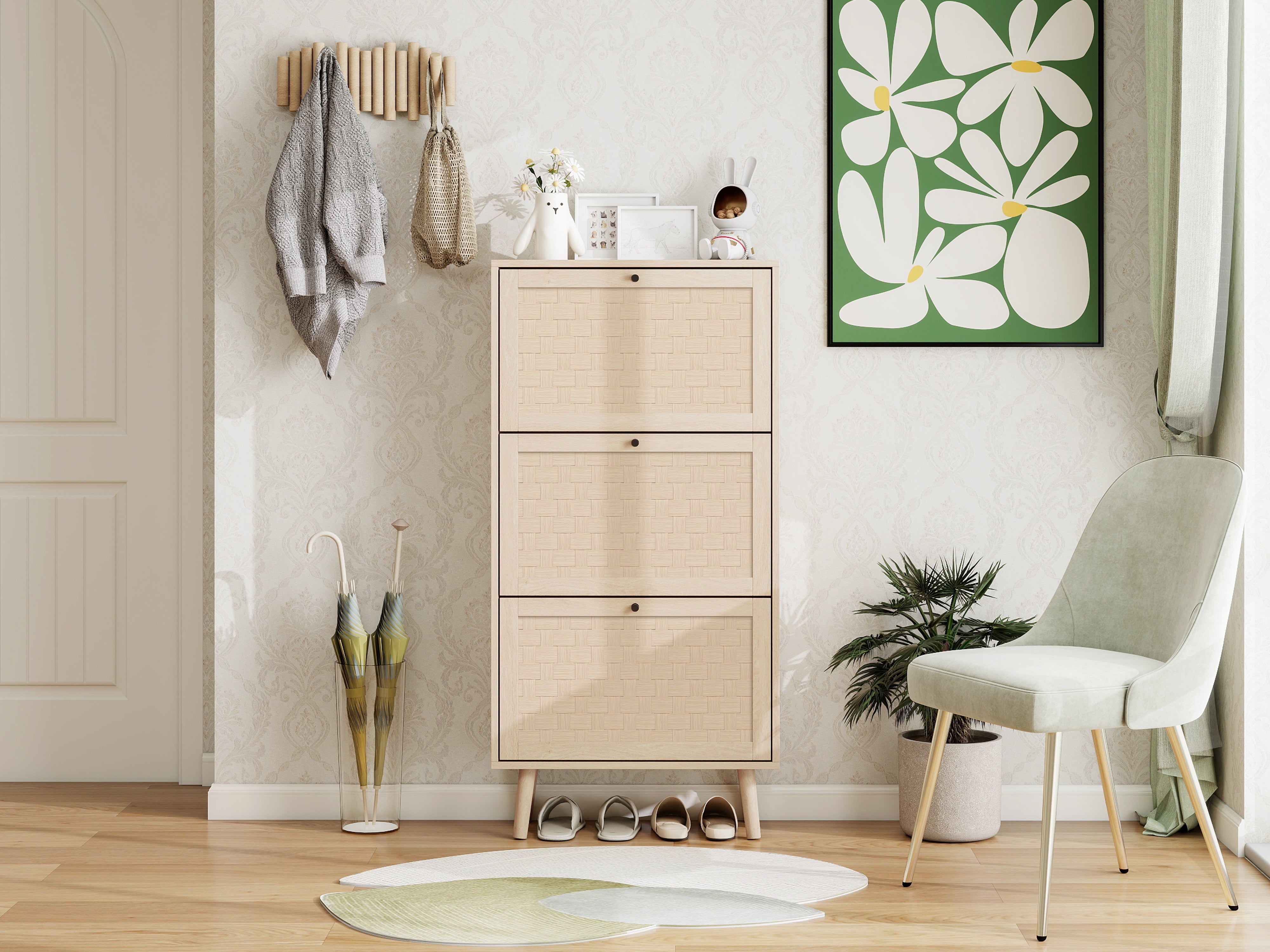 Shoe Cabinet with Three Levels, 121cm High, Natural
