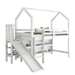 Multifunctional Children's Single Bed with Slide, Stairs and Storage, White Solid Wood and MDF