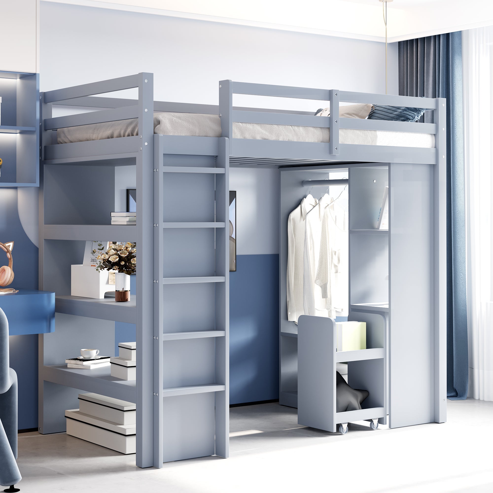 Children's Loft Bed with Shelves, Organizer, Storage, Grey