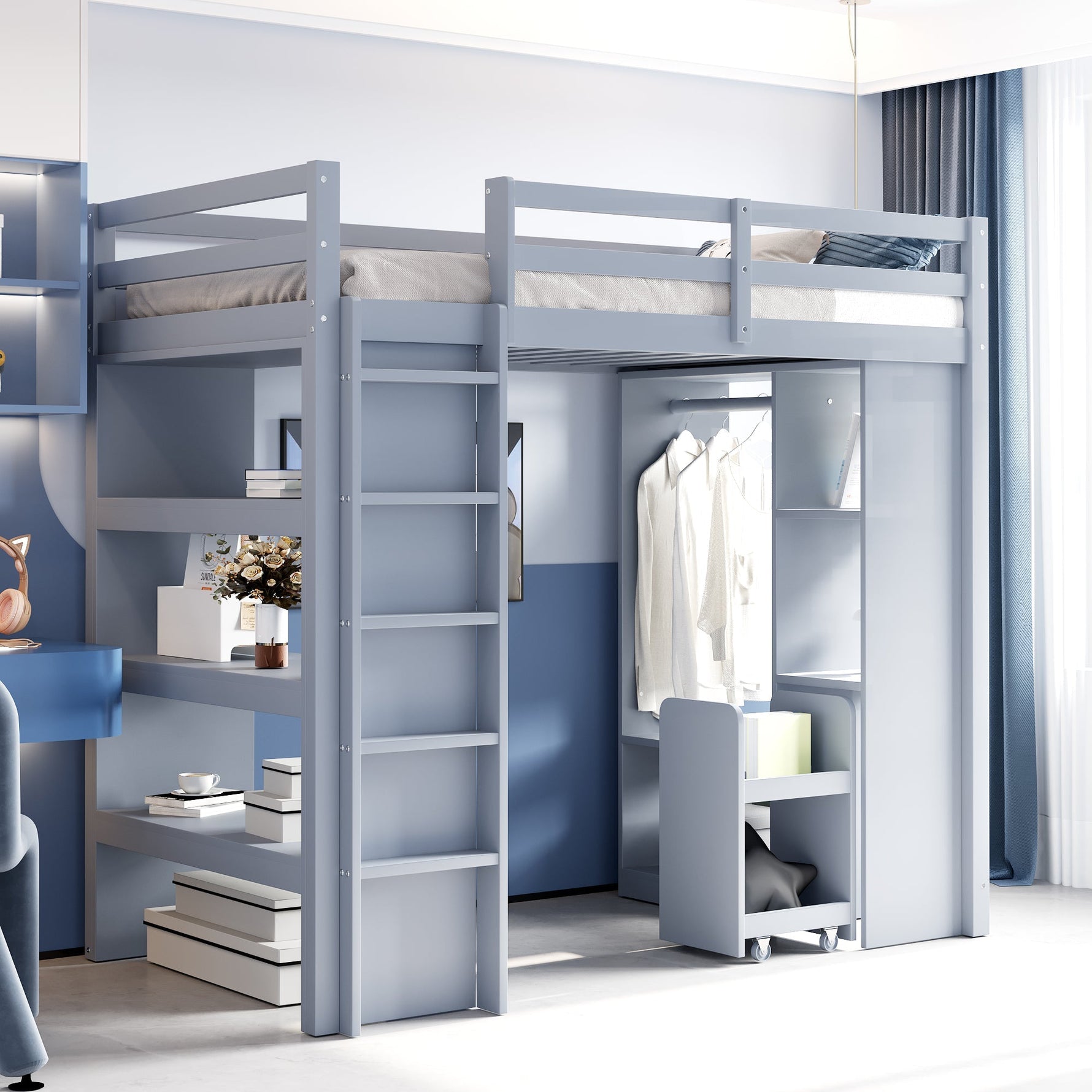 Children's Loft Bed with Shelves, Organizer, Storage, Grey