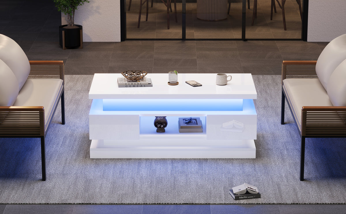 Liftable Coffee Table with 2 Drawers and LED Lighting, White Chipboard
