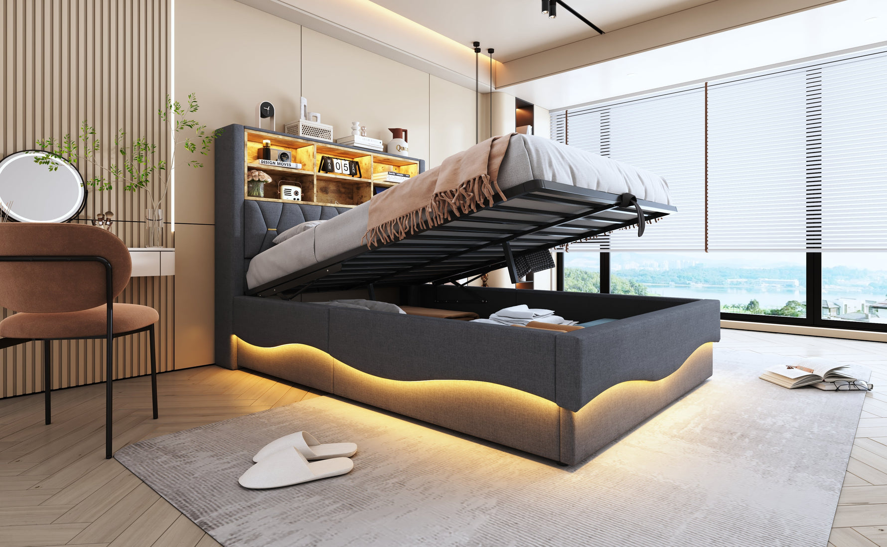 Upholstered Bed 140x200 Hydraulic Storage LED Light USB Charging Linen Upholstery Grey
