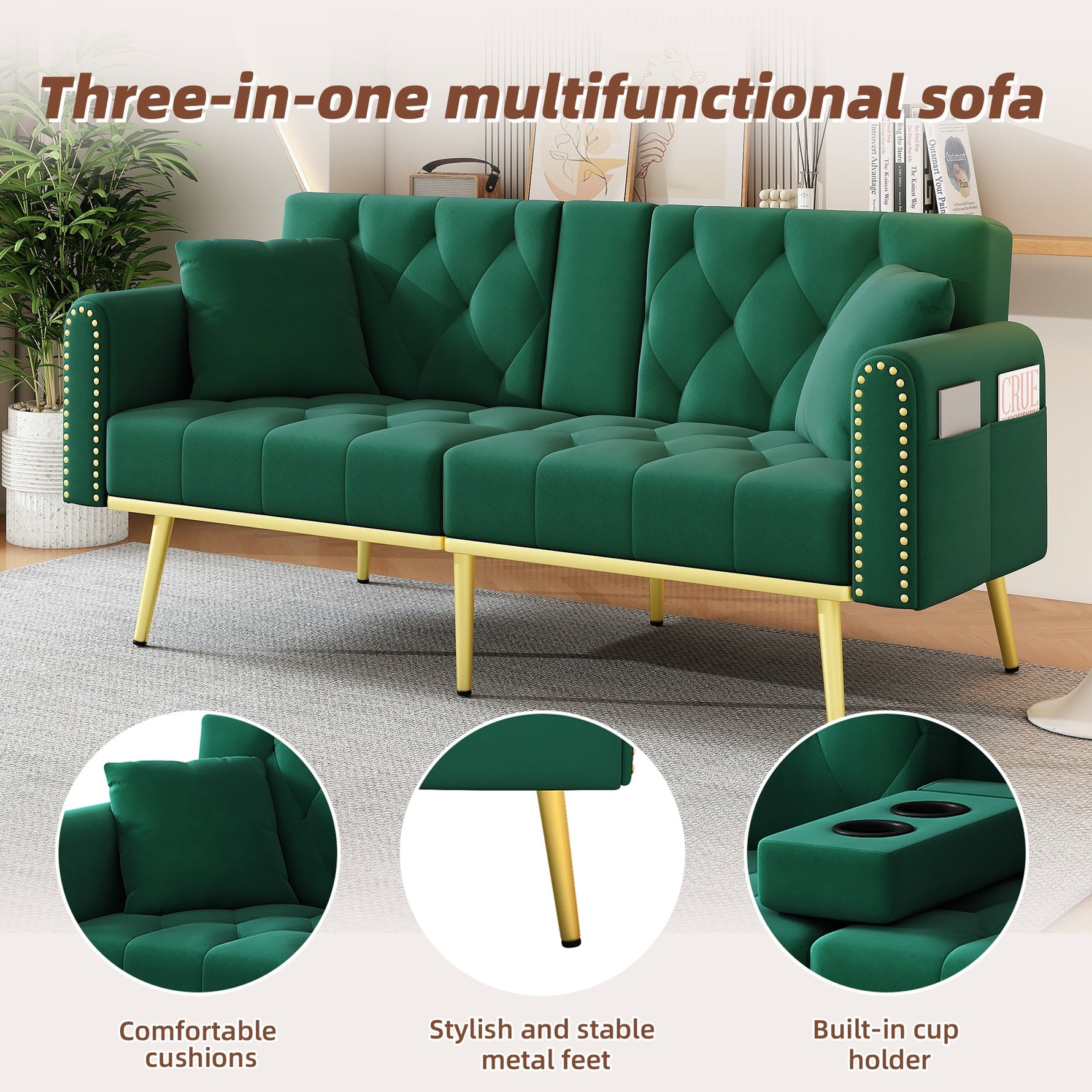 Double Fold-out Sofa Bed Reclining 3-Angle Cup Holders - Fabric Green