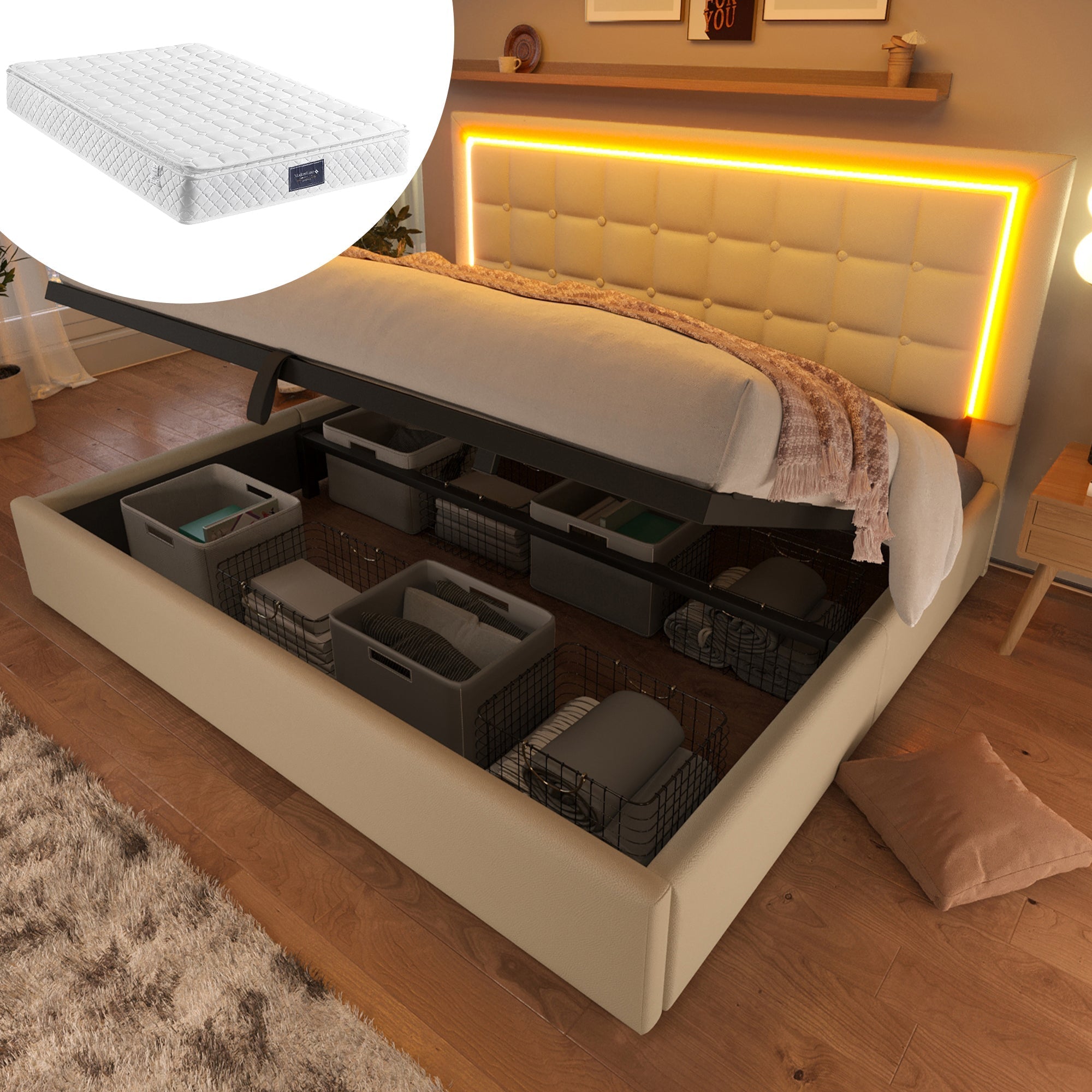 Upholstered Bed with LED Lighting, Storage Space and Mattress, 160x200cm, White Faux Leather