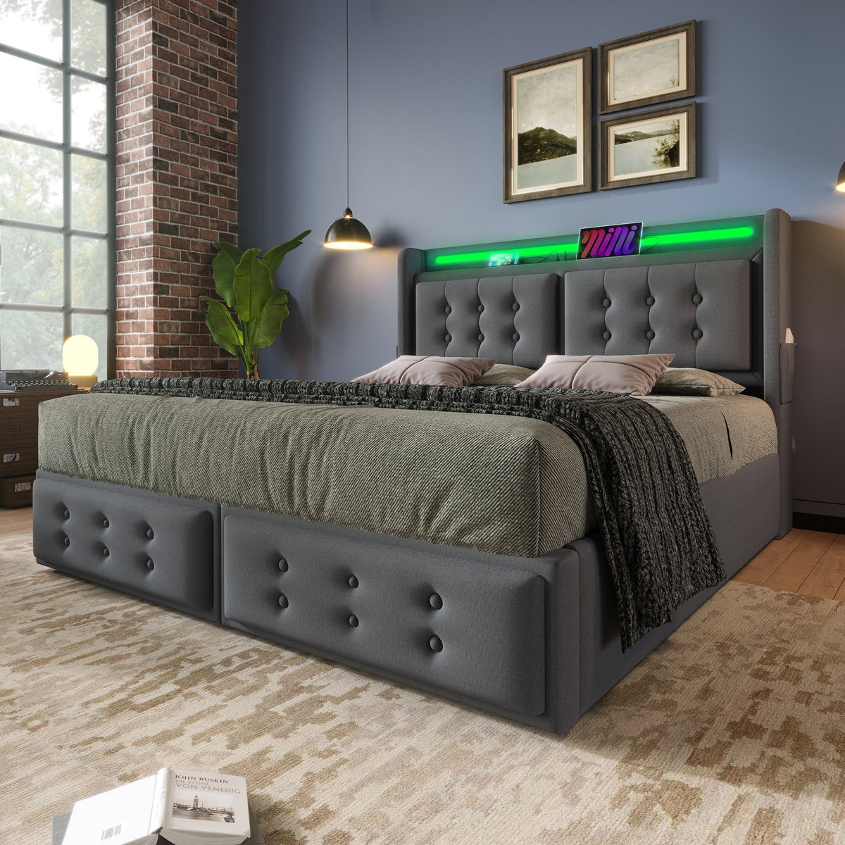 Upholstered Bed 160x200, LED Headboard & USB C, Hydraulic, 300kg Capacity, Gray Cotton