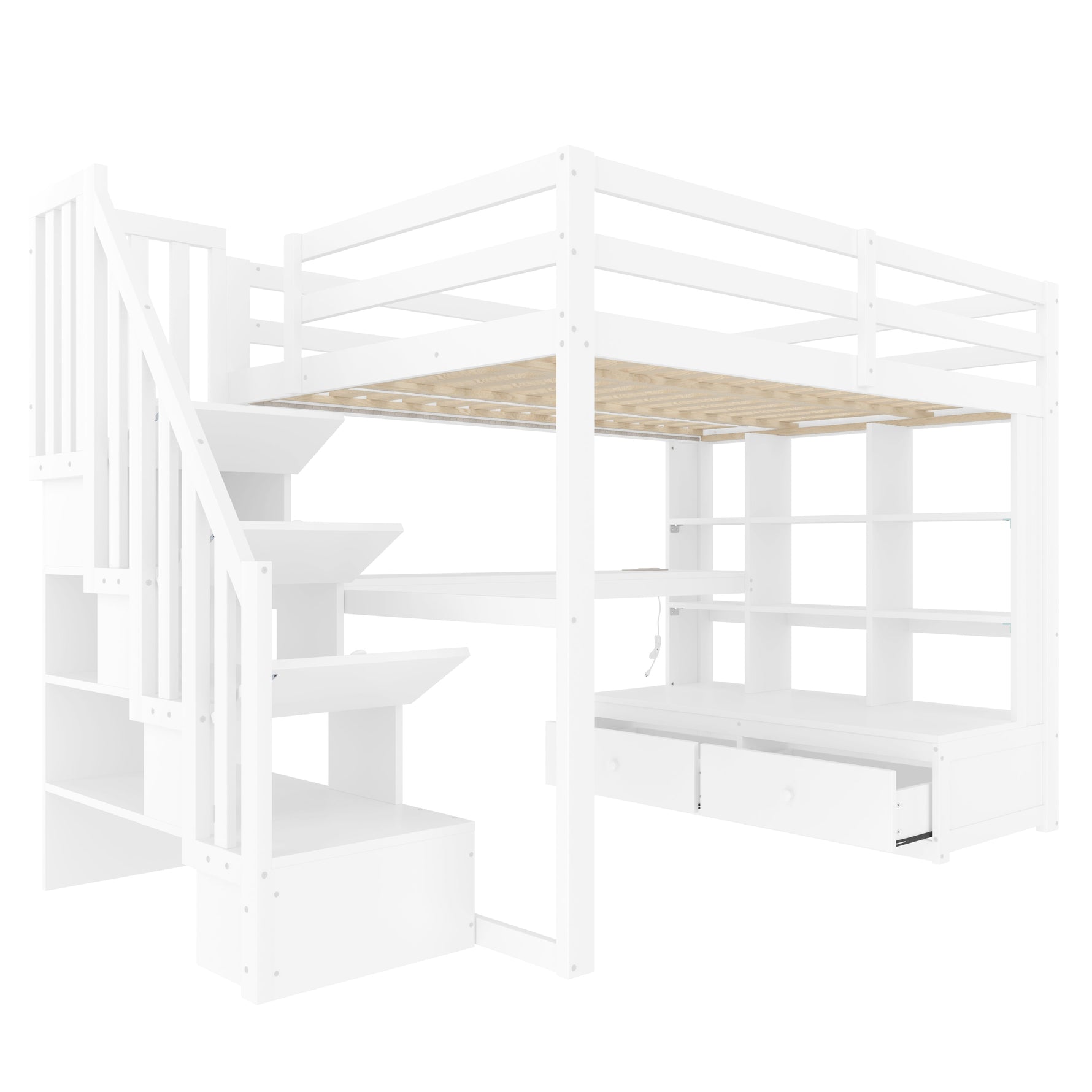 Loft Bed with Desk, Shelves, Drawers and Storage Stairs, 140x200cm, White