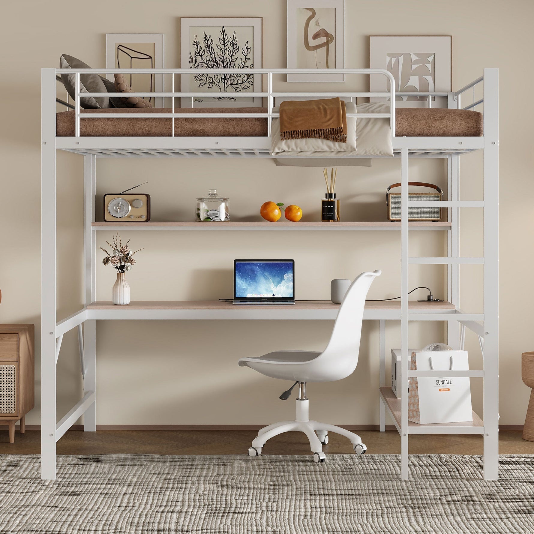 Loft Bed 140x200cm Desk Shelf LED USB/Power Outlet - White Metal