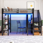 Loft Bed 90x200 LED Light Socket Storage Bookshelf - Black
