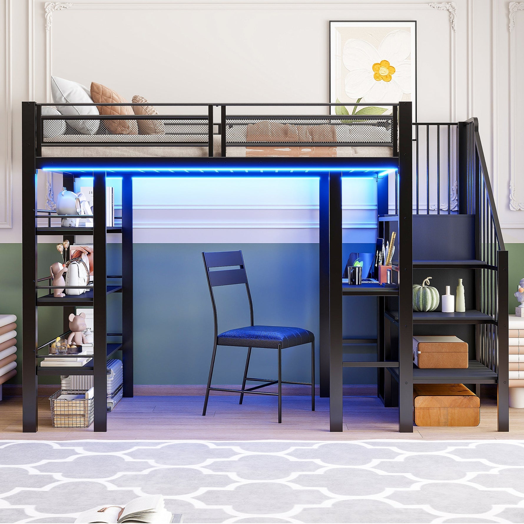 Loft Bed 90x200 LED Light Socket Storage Bookshelf - Black