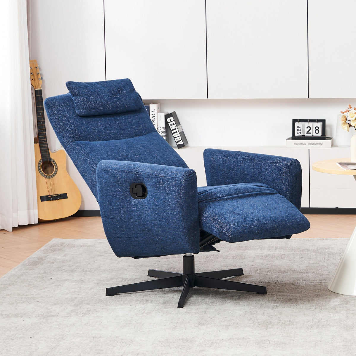 022 Recliner Chair, Comfortable with Reclining Function, Footrest, Swivel, Chenille, Blue