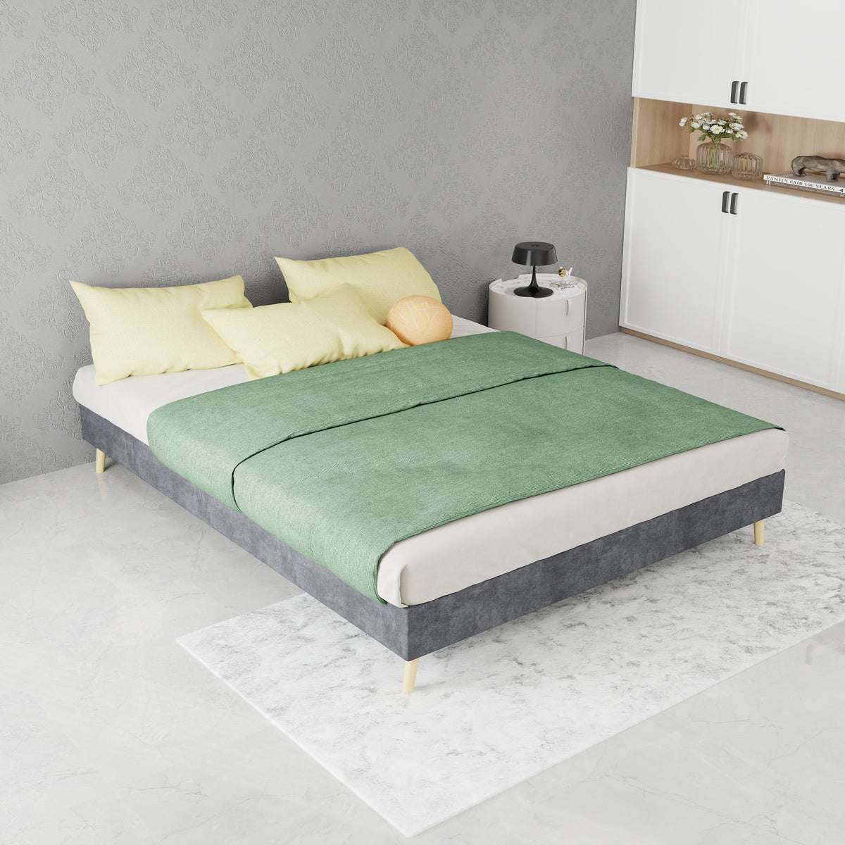 Modern Minimalist Bed Frame, 140x200cm with Mattress, Gray Velvet