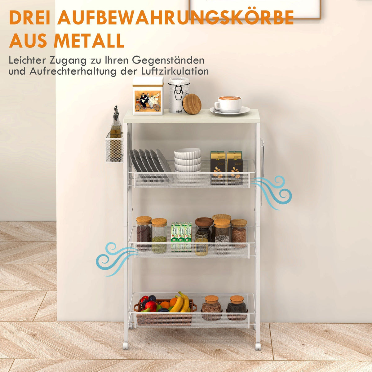 Kitchen Trolley Serving Cart, 3 Levels, Worktop, Hooks, Steel, White
