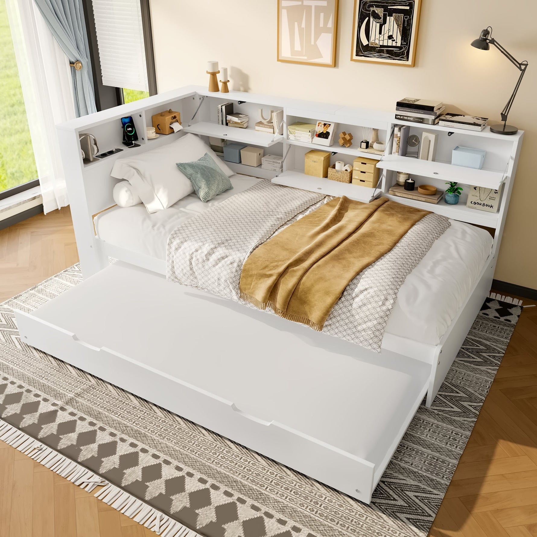 Daybed Sofa Bed with 90x200cm Storage Headboard and Extendable Bed, White