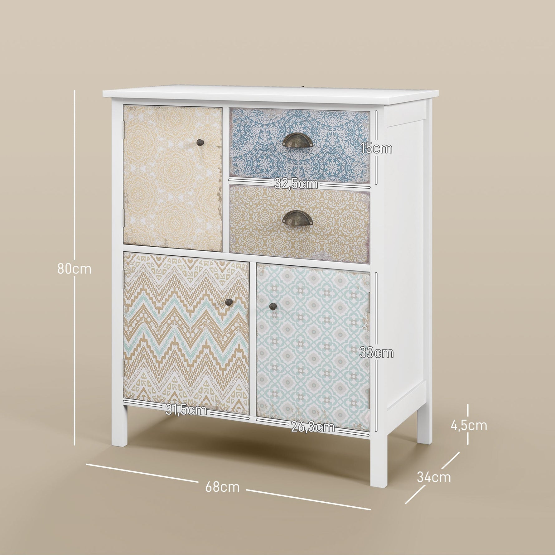 Chest of Drawers Storage Cabinet, 2 Drawers 3 Compartments, Anti-tip, White