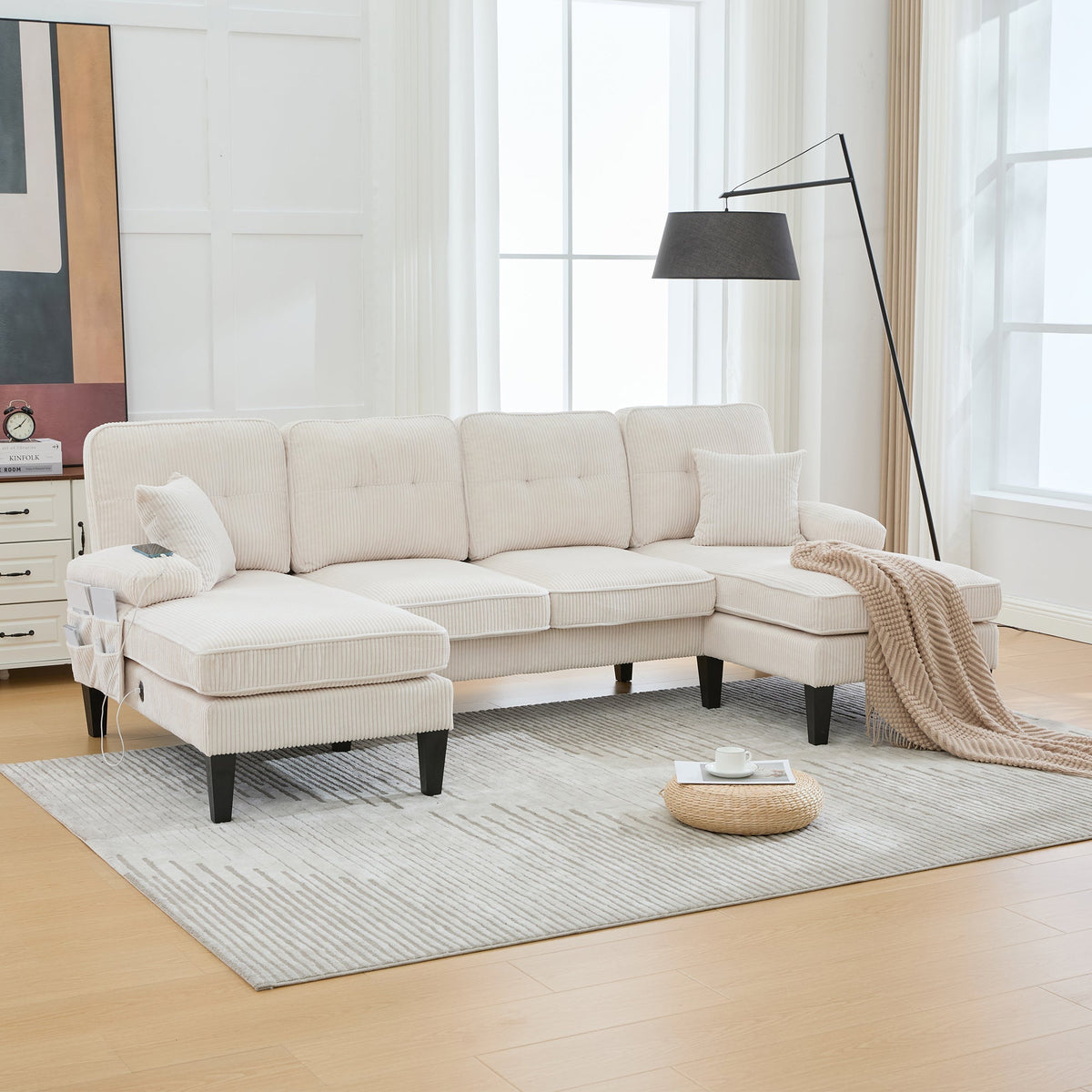 Modern 4-Seater U-Shaped Sofa with Double Chaise Lounge and Corduroy Upholstery, Beige