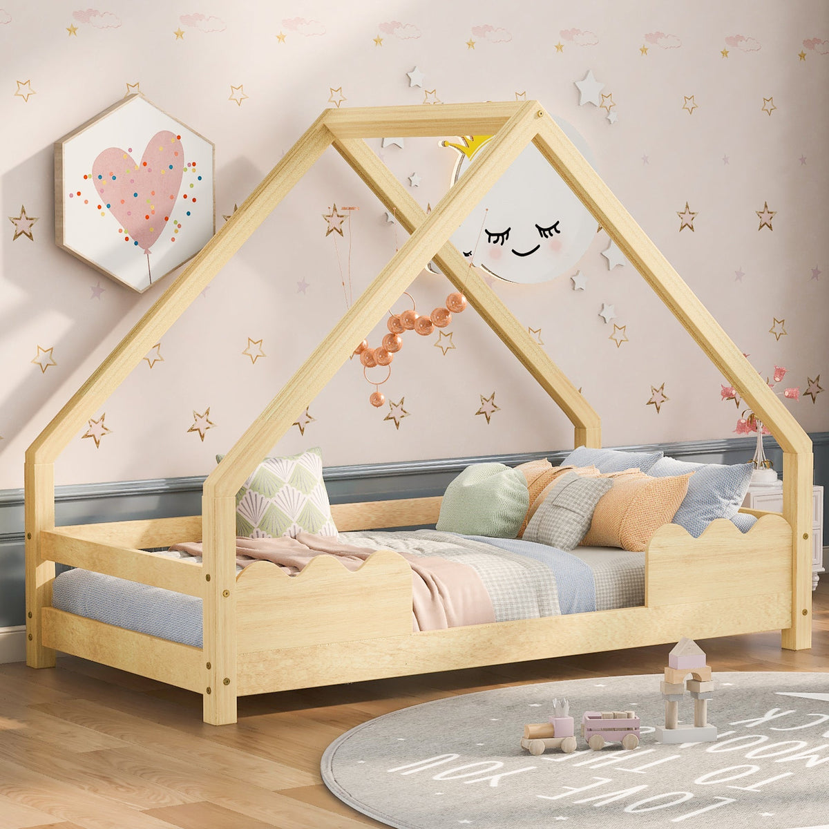 House Bed 90x200cm Fall Protection - Solid Wood Natural