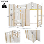 Loft Bed with LED Lights, Window Design and Storage Ladder, White and Natural