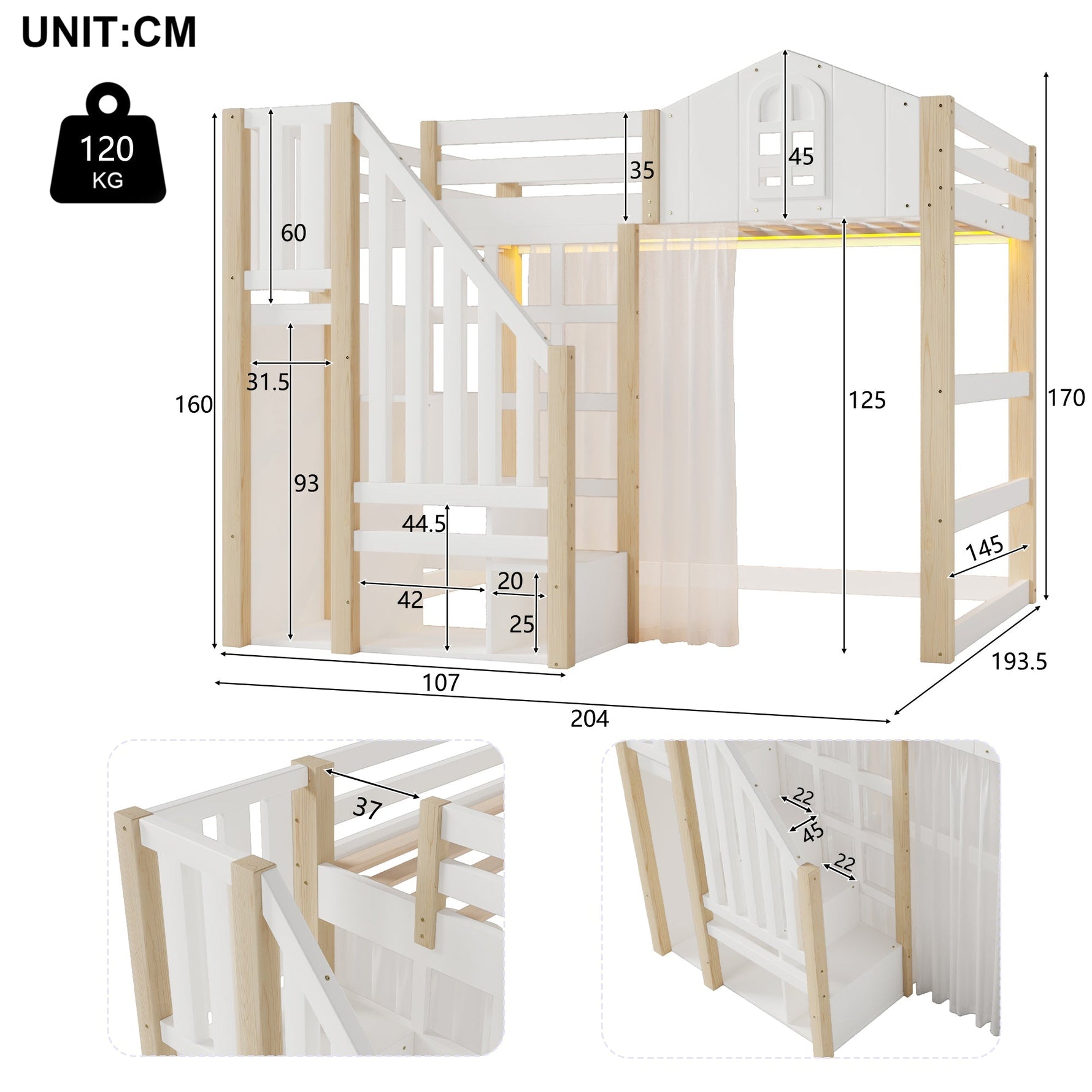 Loft Bed with LED Lights, Window Design and Storage Ladder, White and Natural