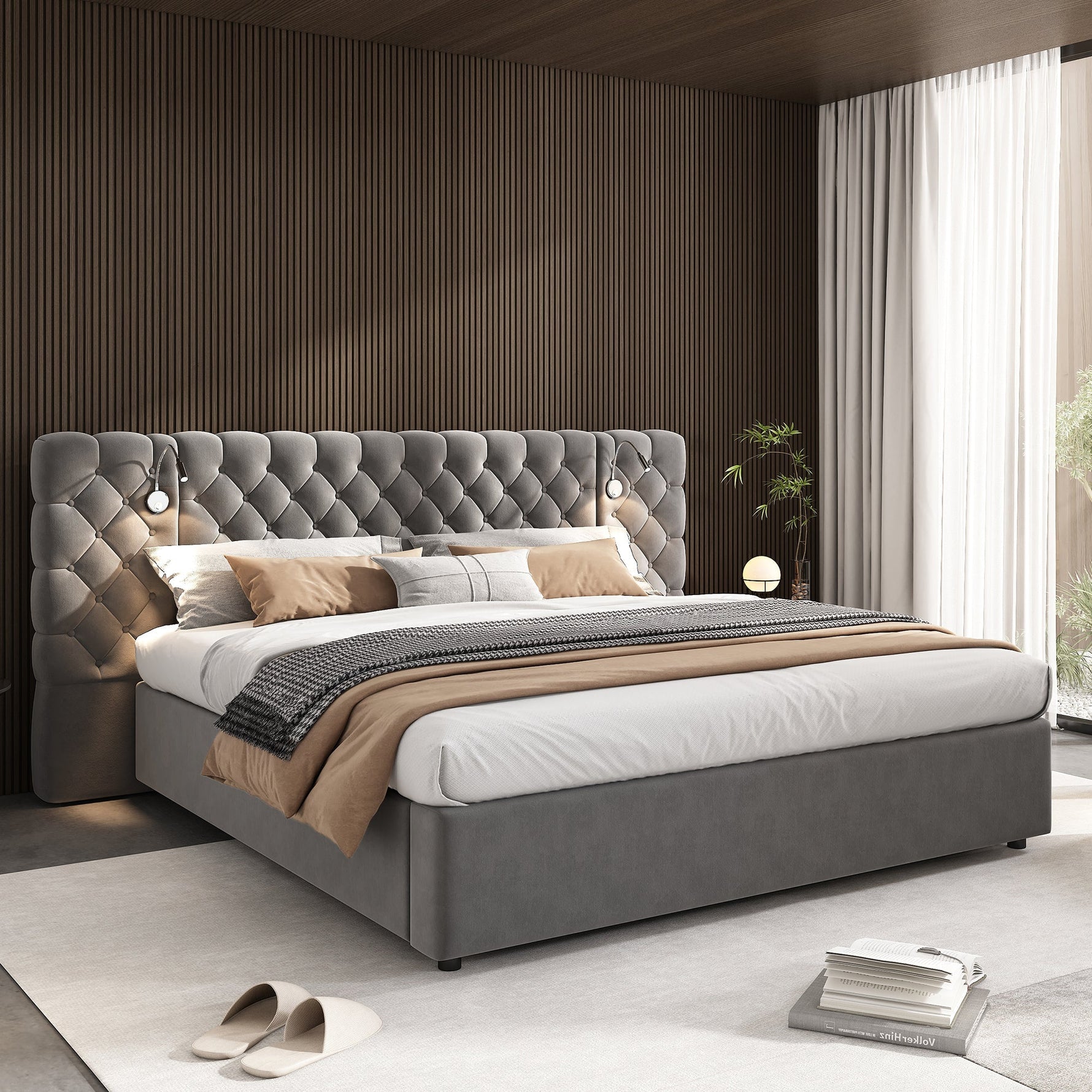 Upholstered Double Bed 160x200cm Hydraulic Storage LED Headboard Lamp - Velvet Grey