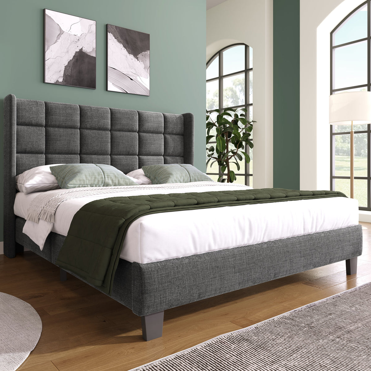 Upholstered Bed with Headboard, Slatted Frame, 140x200cm, Grey Linen
