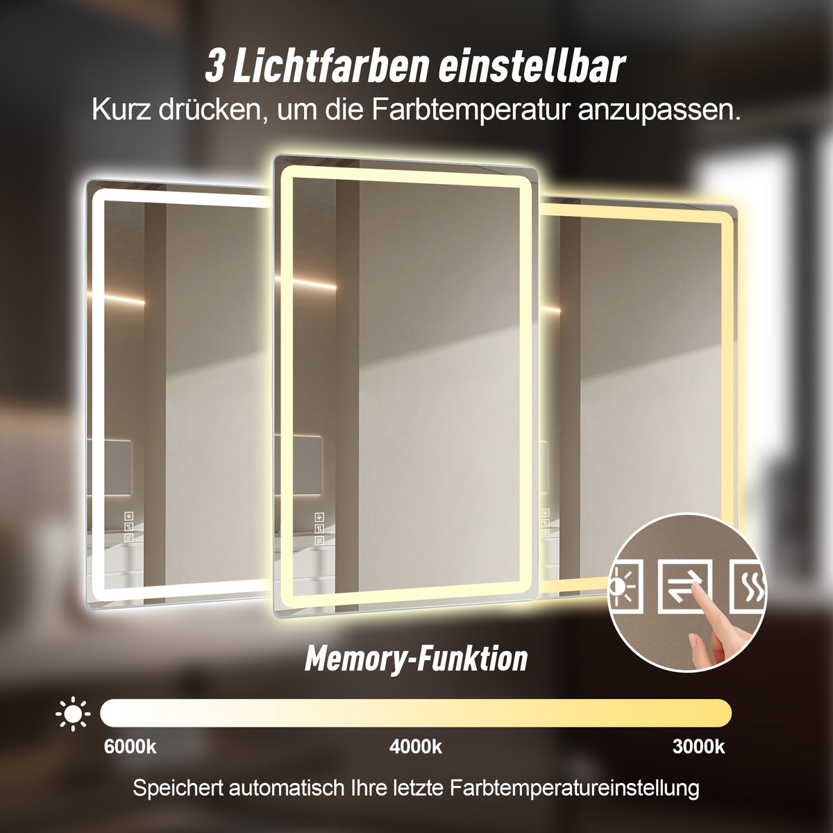 Frameless LED Bathroom Mirror 60x100cm Anti-Fog, Tempered Glass