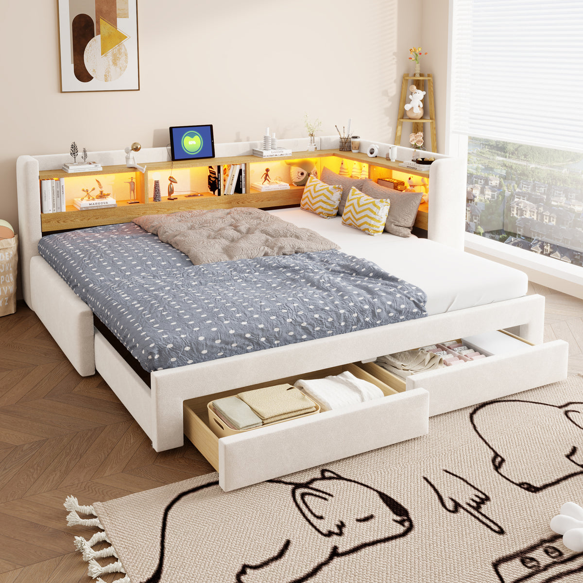 3-in-1 Sofa Bed 90x200 Extendable Daybed with LED & Drawers